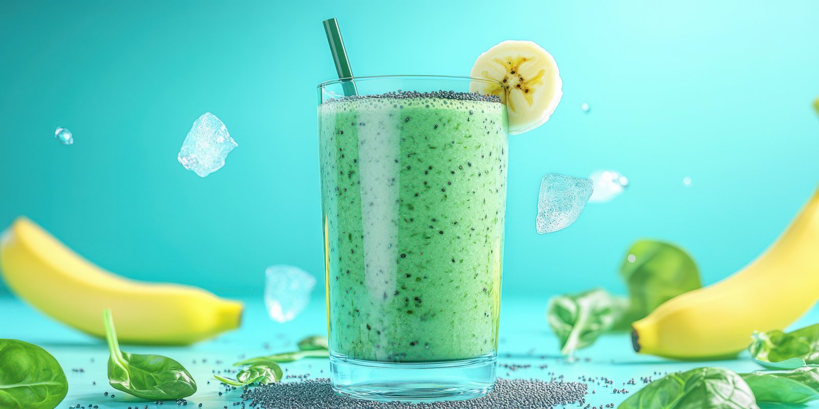 Refreshing green smoothie with banana and spinach served in a glass on a vibrant backdrop
